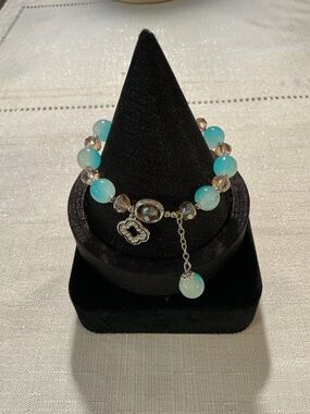 Light Aqua Blue and Champagne Glass Silver Tone Stretch Bracelet